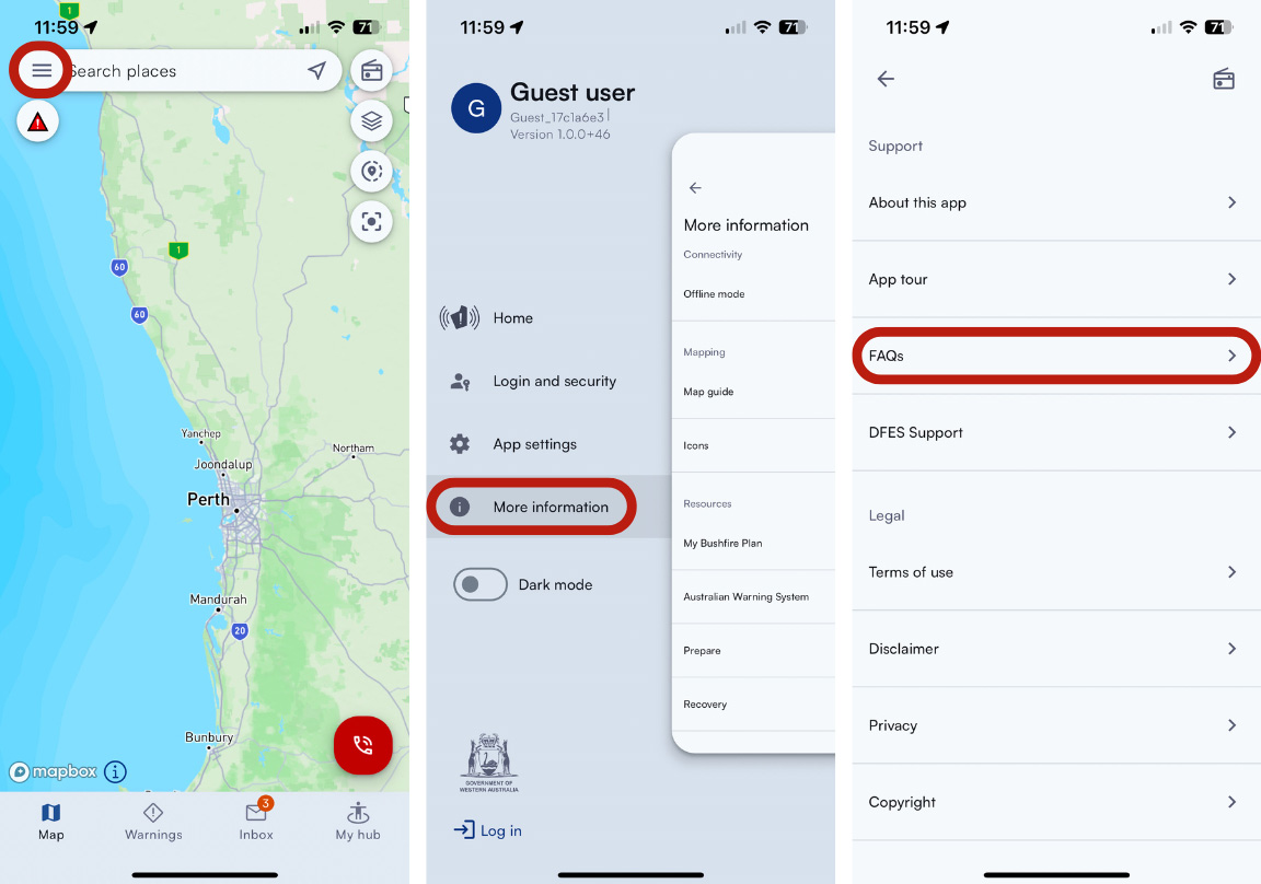 Screenshot of the Emergency WA app showing the location of FAQs