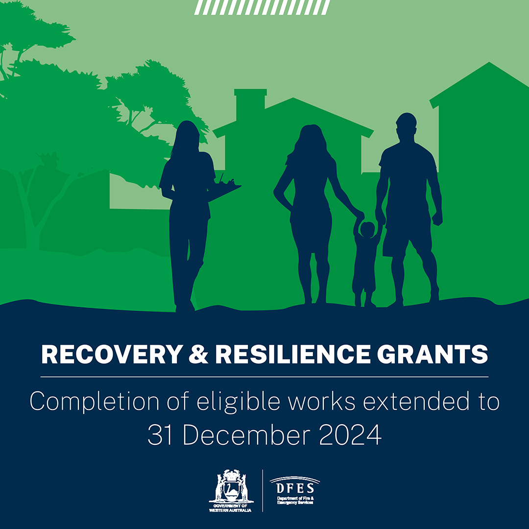 Silhouette of family in front of houses. Overlayed copy reads "Recovery and Resilience Grants. Completion of eligible works extended to 30 June 2024."